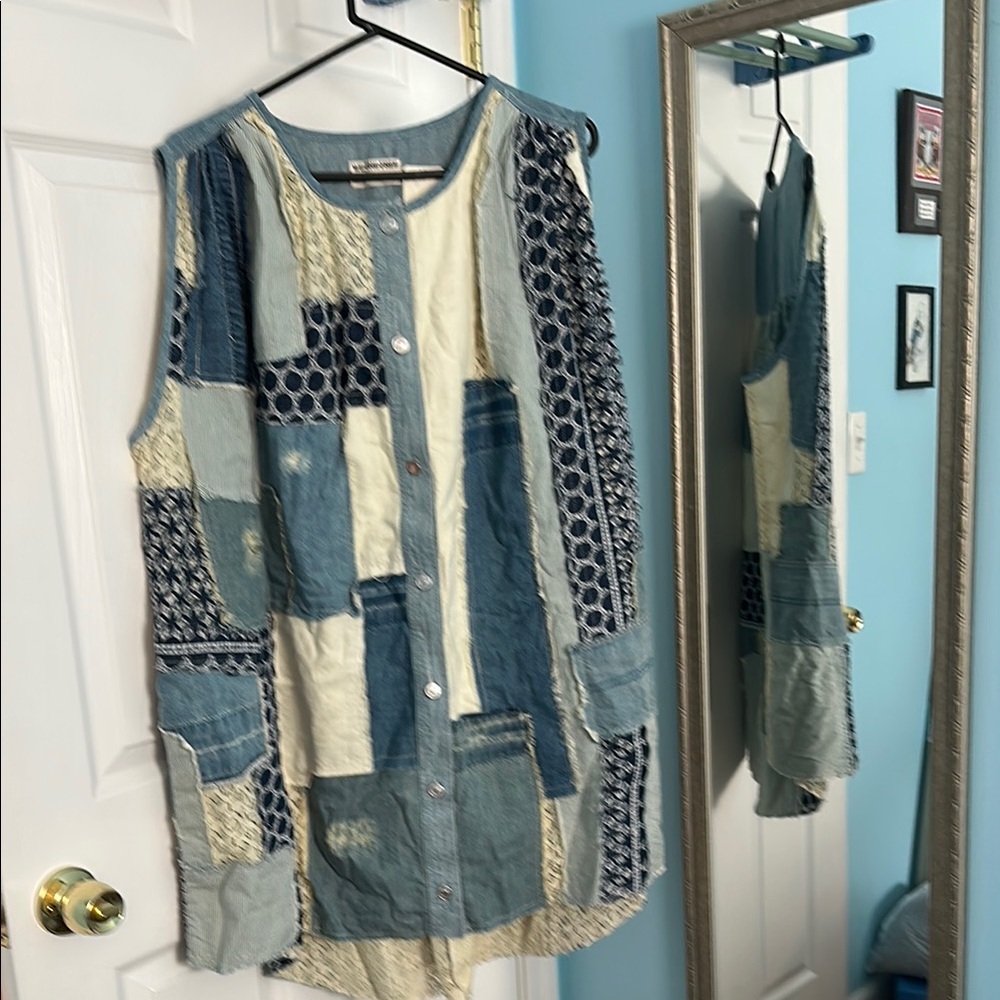 Free People Patchwork Denim Dress - Blue and Cream